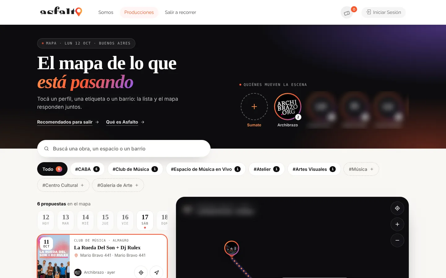 Inicio de Asfalto: el mapa de lo que está pasando, con la búsqueda y los filtros por etiqueta. Los nombres de los perfiles están difuminados.