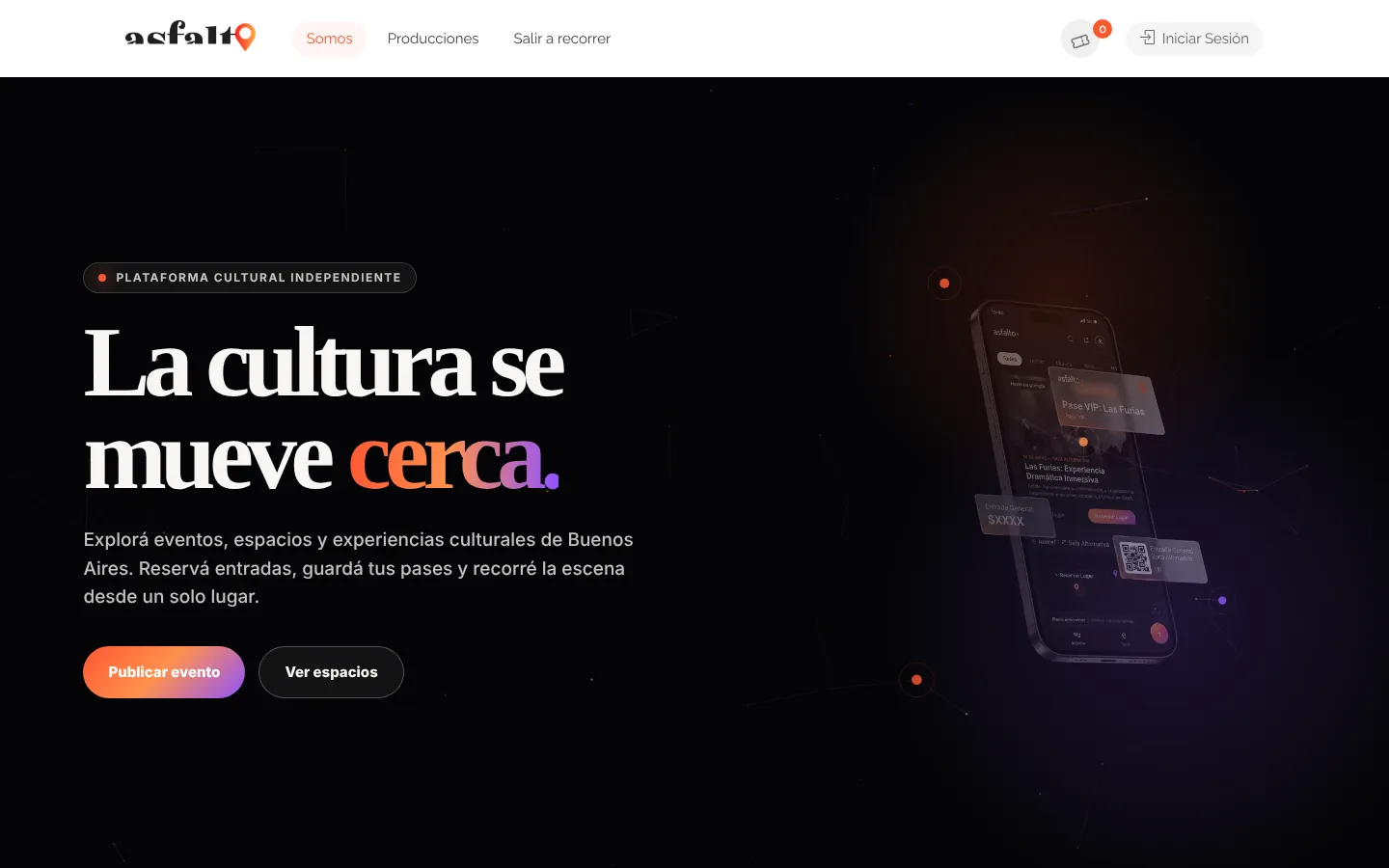 Página «Somos» de Asfalto: «La cultura se mueve cerca», con los accesos para publicar un evento y ver espacios.